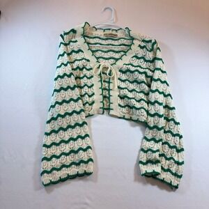 Callie Mac Green White Wavy Stripe Crochet Knit Cropped Cardigan Tie Front Med